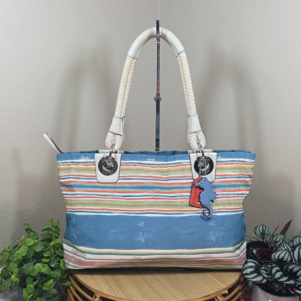 Coach Beach Stripe East West Tote With Seahorse Charm F16624